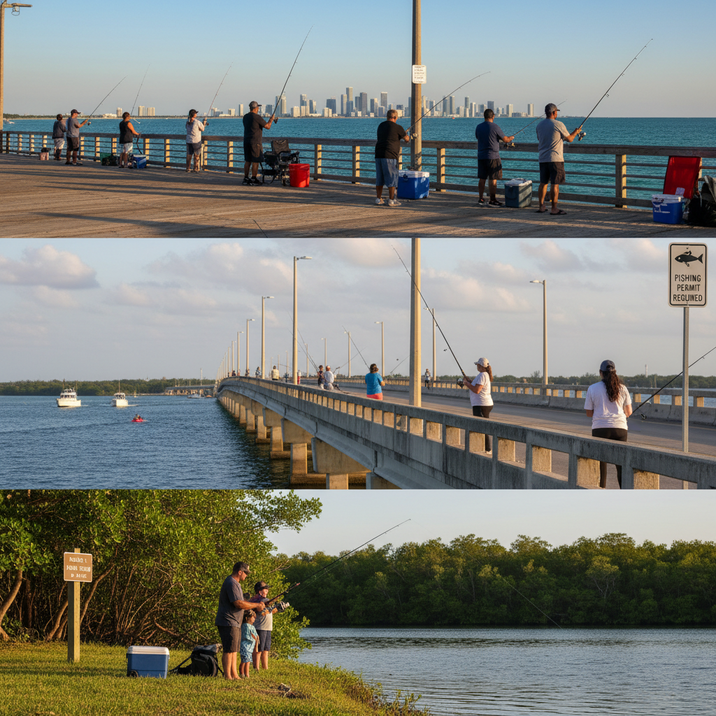Miami shoreline with clear water and a distant fishing pier under natural daylight.