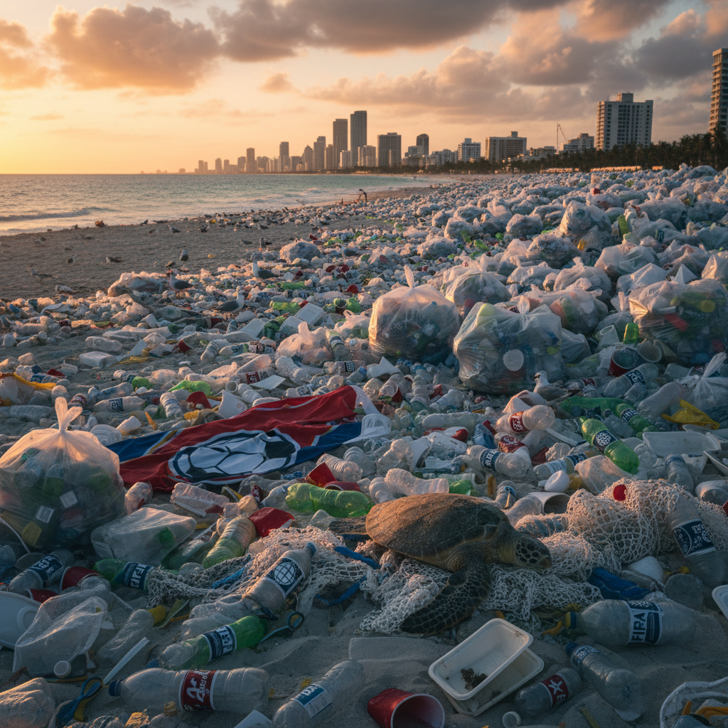 Plastic bottles litter a Miami beach with ocean waves in the background.