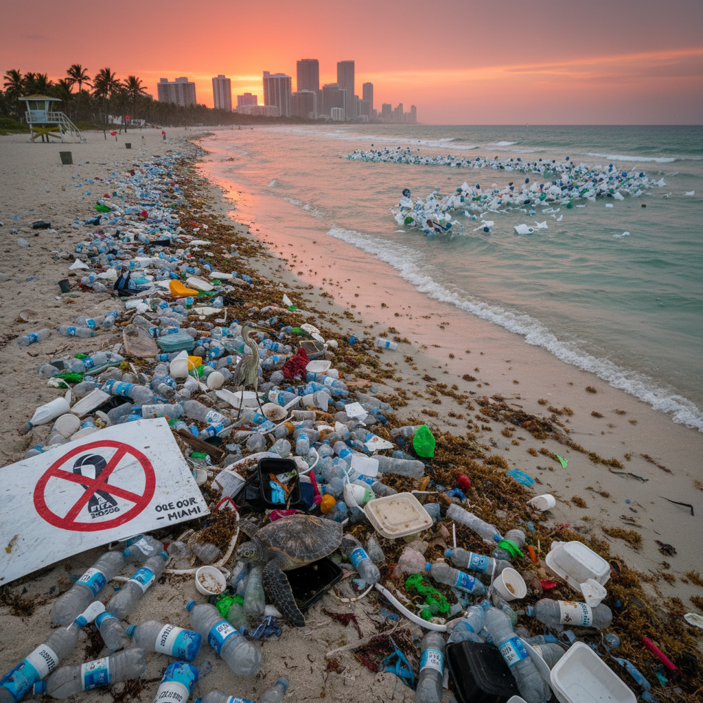 Plastic bottles wash ashore on Miami Beach, a consequence of World Cup regulations.